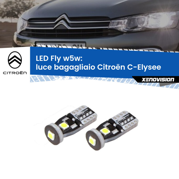 <strong>luce bagagliaio LED per Citroën C-Elysee</strong>  2012 in poi. Coppia lampadine <strong>w5w</strong> Canbus compatte modello Fly Xenovision.