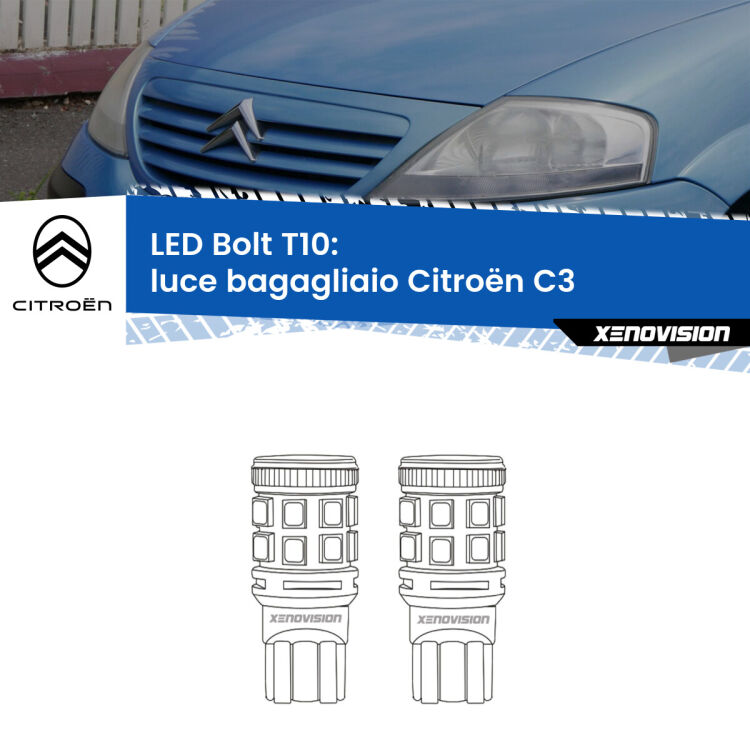 <strong>Luce Bagagliaio LED per Citroën C3</strong>  2002 - 2009. Coppia lampade <strong>T10</strong> modello Bolt canbus.