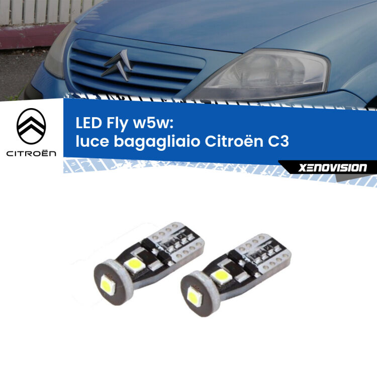 <strong>luce bagagliaio LED per Citroën C3</strong>  2002 - 2009. Coppia lampadine <strong>w5w</strong> Canbus compatte modello Fly Xenovision.