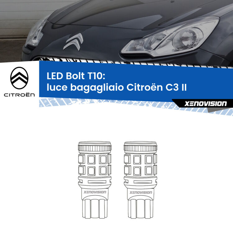 <strong>Luce Bagagliaio LED per Citroën C3</strong> II 2009 - 2016. Coppia lampade <strong>T10</strong> modello Bolt canbus.