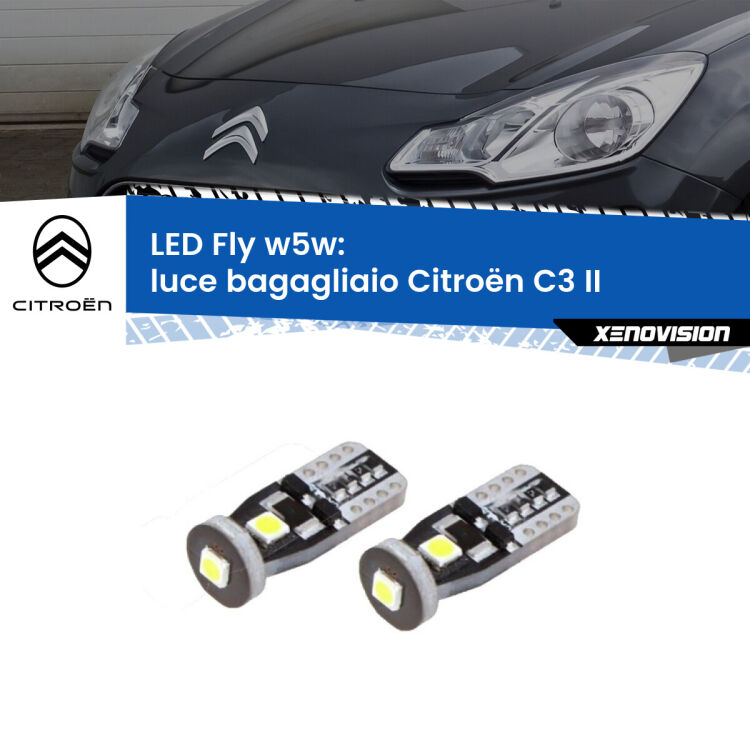 <strong>luce bagagliaio LED per Citroën C3</strong> II 2009 - 2016. Coppia lampadine <strong>w5w</strong> Canbus compatte modello Fly Xenovision.