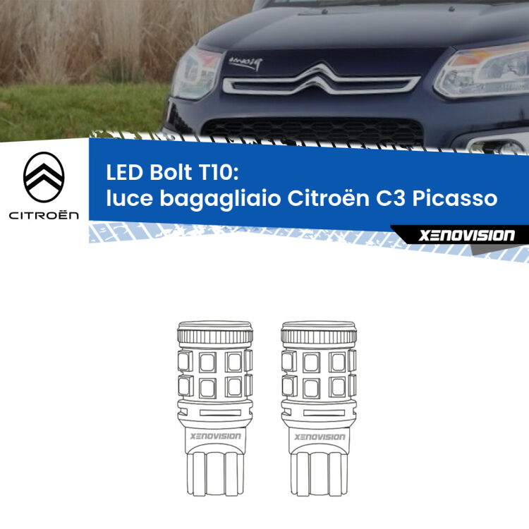 <strong>Luce Bagagliaio LED per Citroën C3 Picasso</strong>  2009 - 2016. Coppia lampade <strong>T10</strong> modello Bolt canbus.