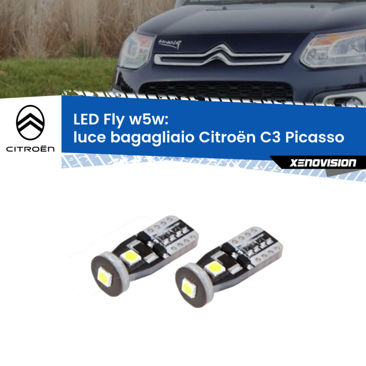 <strong>luce bagagliaio LED per Citroën C3 Picasso</strong>  2009 - 2016. Coppia lampadine <strong>w5w</strong> Canbus compatte modello Fly Xenovision.