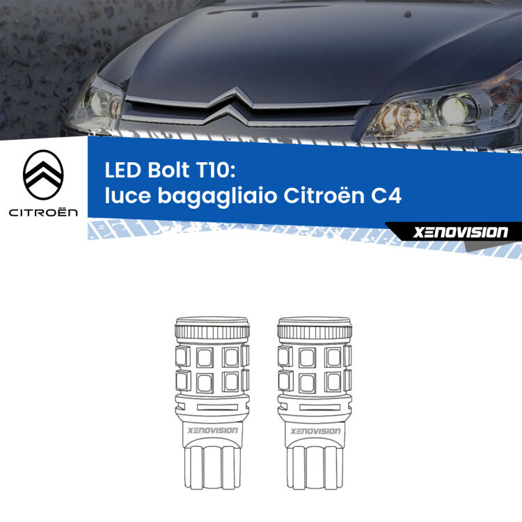 <strong>Luce Bagagliaio LED per Citroën C4</strong>  2004 - 2011. Coppia lampade <strong>T10</strong> modello Bolt canbus.