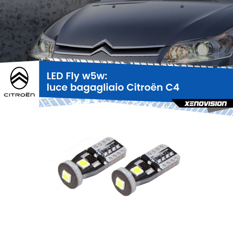 <strong>luce bagagliaio LED per Citroën C4</strong>  2004 - 2011. Coppia lampadine <strong>w5w</strong> Canbus compatte modello Fly Xenovision.