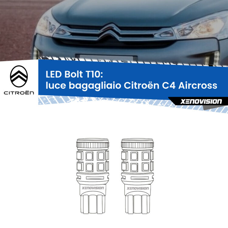 <strong>Luce Bagagliaio LED per Citroën C4 Aircross</strong>  2010 - 2018. Coppia lampade <strong>T10</strong> modello Bolt canbus.