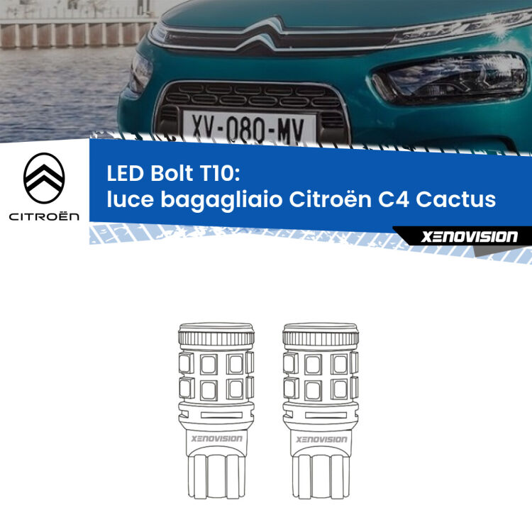 <strong>Luce Bagagliaio LED per Citroën C4 Cactus</strong>  2014 in poi. Coppia lampade <strong>T10</strong> modello Bolt canbus.