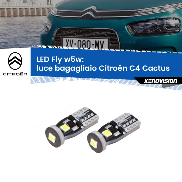 <strong>luce bagagliaio LED per Citroën C4 Cactus</strong>  2014 in poi. Coppia lampadine <strong>w5w</strong> Canbus compatte modello Fly Xenovision.