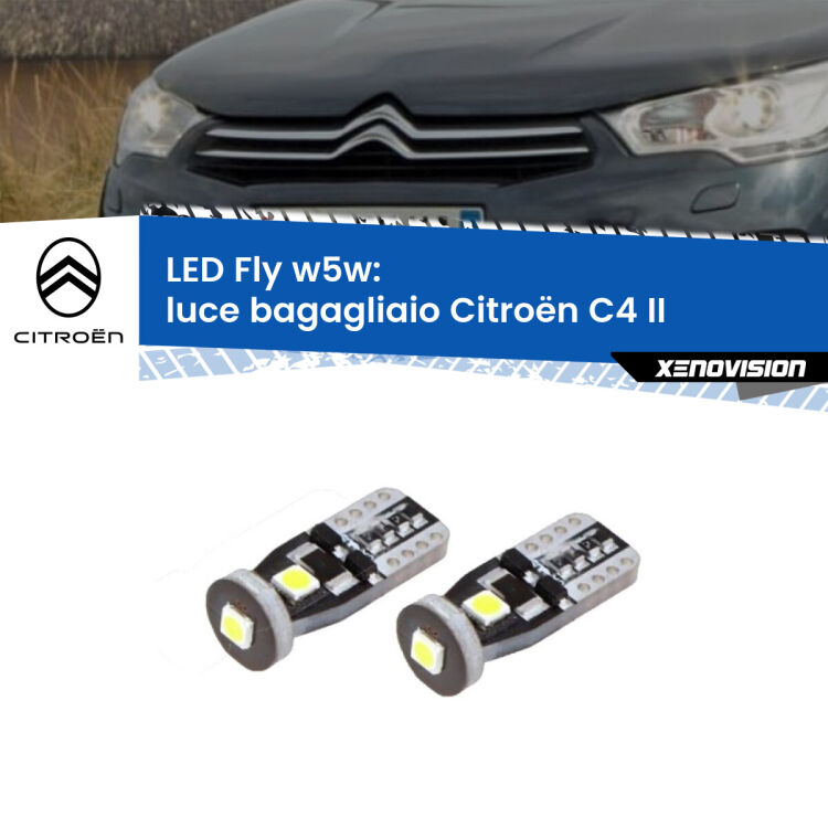 <strong>luce bagagliaio LED per Citroën C4</strong> II 2009 - 2016. Coppia lampadine <strong>w5w</strong> Canbus compatte modello Fly Xenovision.