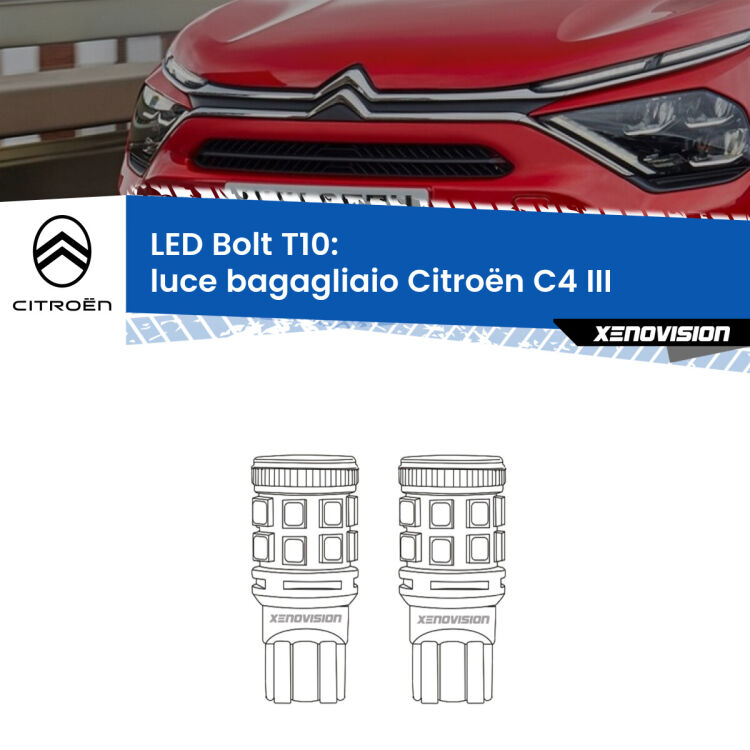 <strong>Luce Bagagliaio LED per Citroën C4</strong> III 2020 in poi. Coppia lampade <strong>T10</strong> modello Bolt canbus.