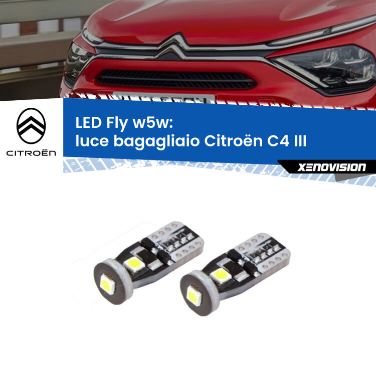 <strong>luce bagagliaio LED per Citroën C4</strong> III 2020 in poi. Coppia lampadine <strong>w5w</strong> Canbus compatte modello Fly Xenovision.