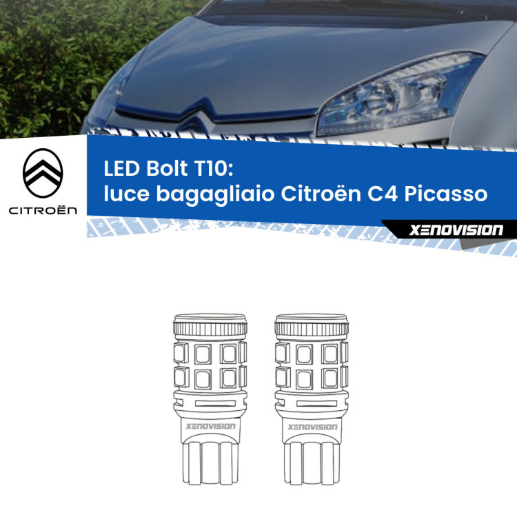 <strong>Luce Bagagliaio LED per Citroën C4 Picasso</strong>  2006 - 2013. Coppia lampade <strong>T10</strong> modello Bolt canbus.