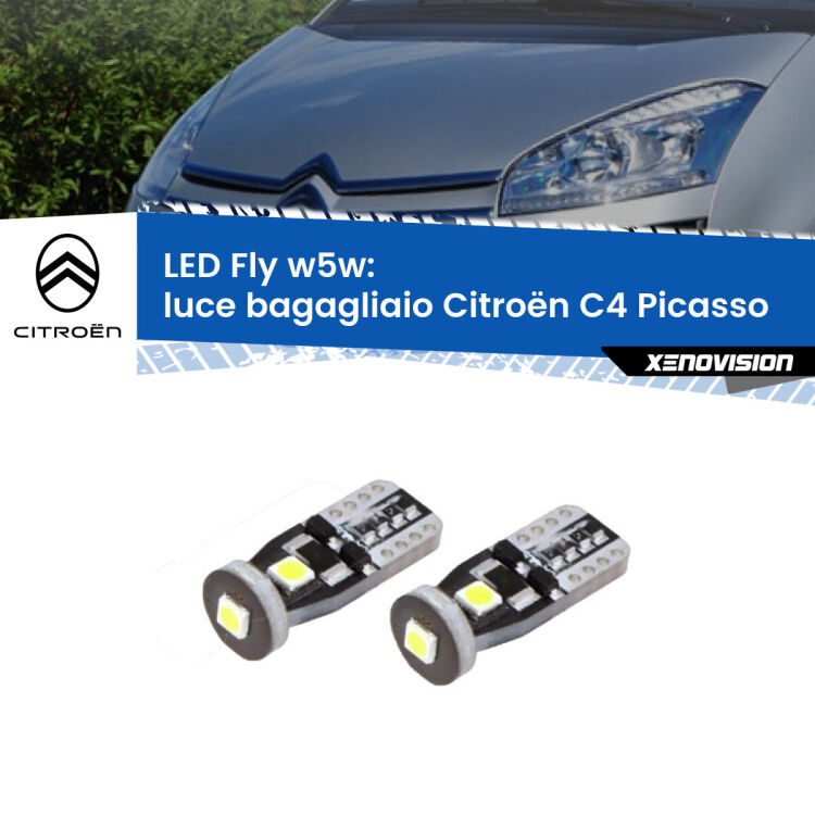 <strong>luce bagagliaio LED per Citroën C4 Picasso</strong>  2006 - 2013. Coppia lampadine <strong>w5w</strong> Canbus compatte modello Fly Xenovision.