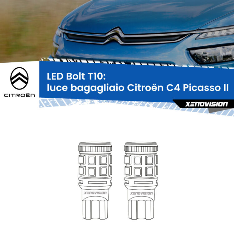 <strong>Luce Bagagliaio LED per Citroën C4 Picasso</strong> II 2013 in poi. Coppia lampade <strong>T10</strong> modello Bolt canbus.