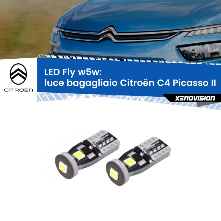 <strong>luce bagagliaio LED per Citroën C4 Picasso</strong> II 2013 in poi. Coppia lampadine <strong>w5w</strong> Canbus compatte modello Fly Xenovision.