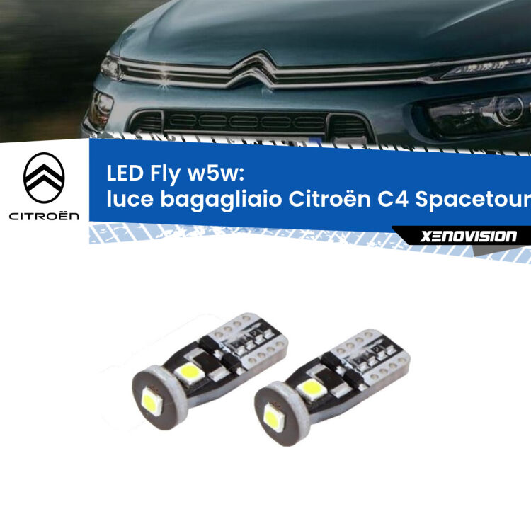 <strong>luce bagagliaio LED per Citroën C4 Spacetourer</strong>  2018 in poi. Coppia lampadine <strong>w5w</strong> Canbus compatte modello Fly Xenovision.