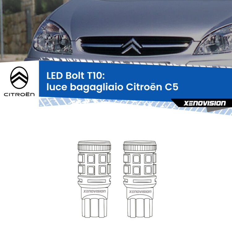 <strong>Luce Bagagliaio LED per Citroën C5</strong>  2001 - 2004. Coppia lampade <strong>T10</strong> modello Bolt canbus.