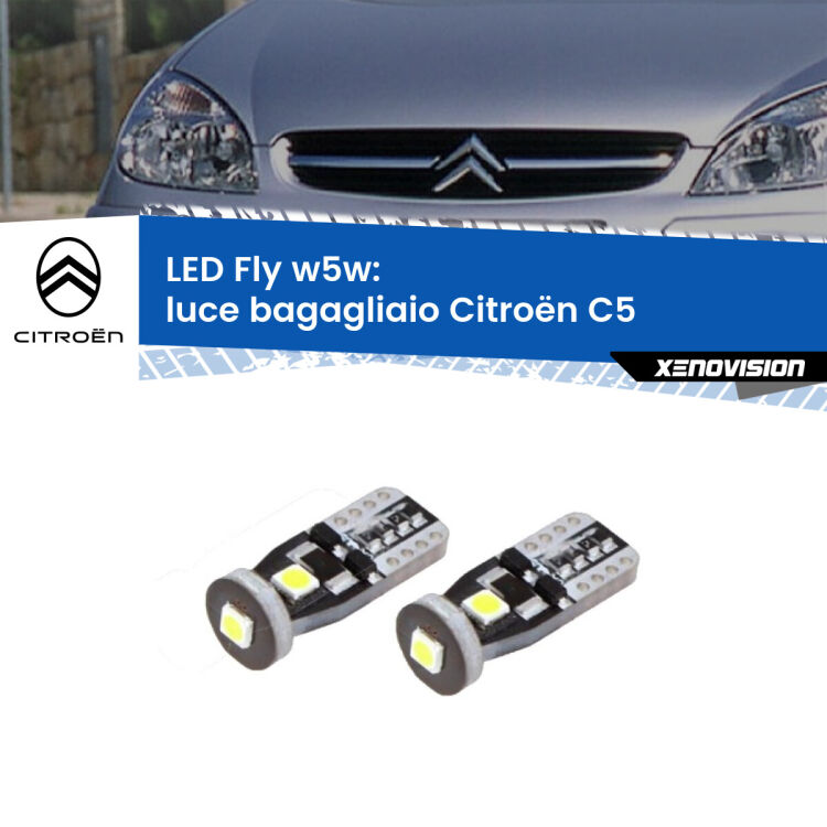 <strong>luce bagagliaio LED per Citroën C5</strong>  2001 - 2004. Coppia lampadine <strong>w5w</strong> Canbus compatte modello Fly Xenovision.