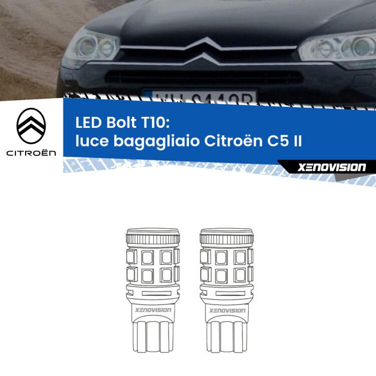 <strong>Luce Bagagliaio LED per Citroën C5</strong> II 2008 - 2014. Coppia lampade <strong>T10</strong> modello Bolt canbus.