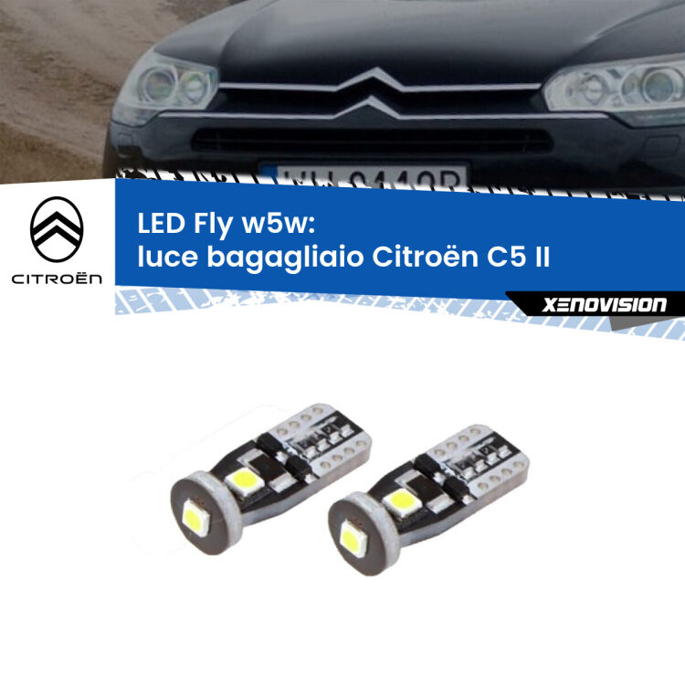 <strong>luce bagagliaio LED per Citroën C5</strong> II 2008 - 2014. Coppia lampadine <strong>w5w</strong> Canbus compatte modello Fly Xenovision.