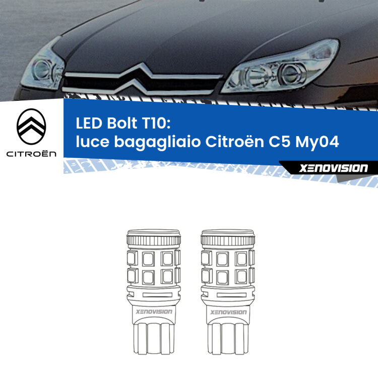 <strong>Luce Bagagliaio LED per Citroën C5</strong> My04 2004 - 2008. Coppia lampade <strong>T10</strong> modello Bolt canbus.