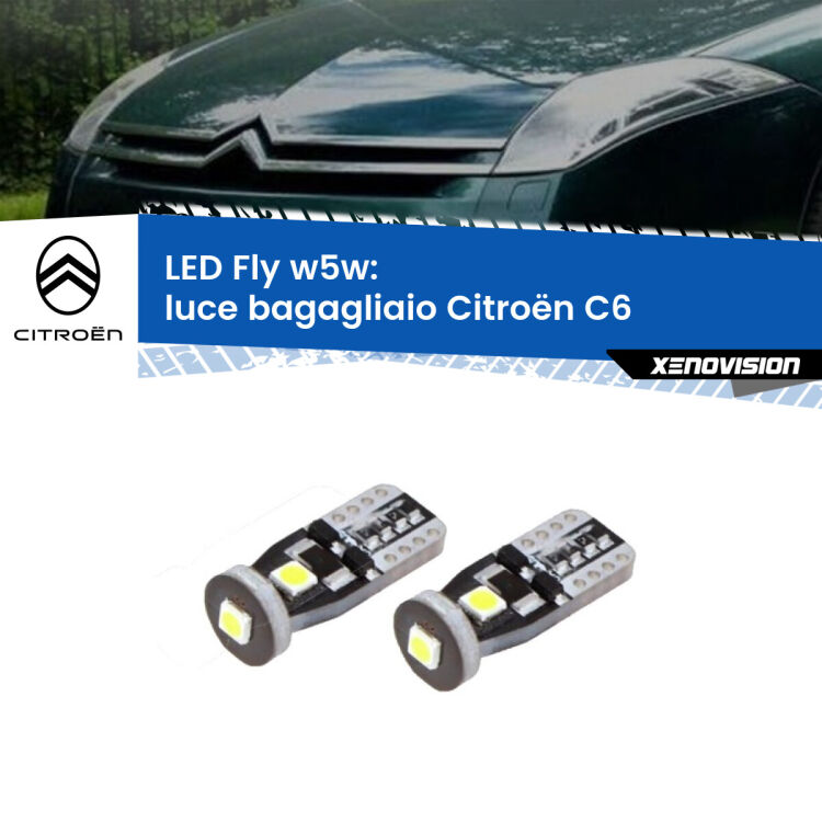 <strong>luce bagagliaio LED per Citroën C6</strong>  2005 - 2012. Coppia lampadine <strong>w5w</strong> Canbus compatte modello Fly Xenovision.