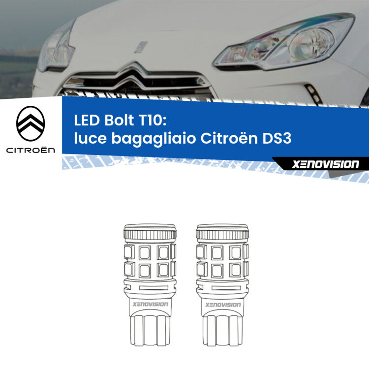 <strong>Luce Bagagliaio LED per Citroën DS3</strong>  2009 - 2015. Coppia lampade <strong>T10</strong> modello Bolt canbus.