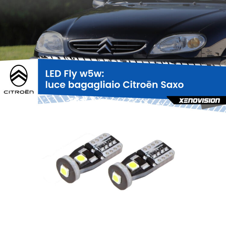 <strong>luce bagagliaio LED per Citroën Saxo</strong>  1996 - 2004. Coppia lampadine <strong>w5w</strong> Canbus compatte modello Fly Xenovision.