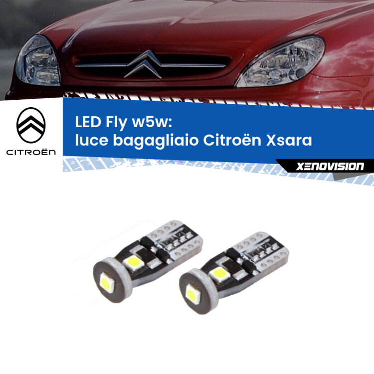 <strong>luce bagagliaio LED per Citroën Xsara</strong>  1997 - 2005. Coppia lampadine <strong>w5w</strong> Canbus compatte modello Fly Xenovision.