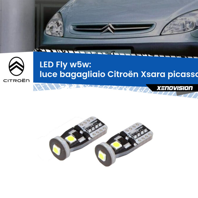 <strong>luce bagagliaio LED per Citroën Xsara picasso</strong>  1999 - 2012. Coppia lampadine <strong>w5w</strong> Canbus compatte modello Fly Xenovision.