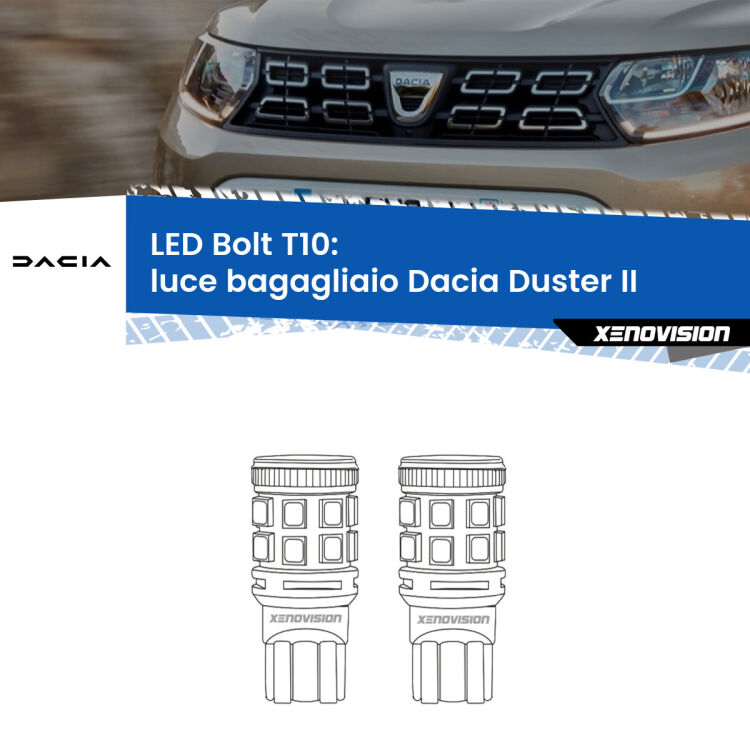 <strong>Luce Bagagliaio LED per Dacia Duster</strong> II 2017 in poi. Coppia lampade <strong>T10</strong> modello Bolt canbus.