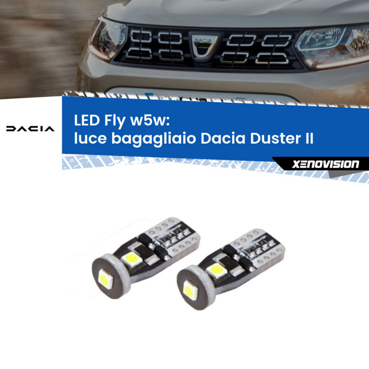 <strong>luce bagagliaio LED per Dacia Duster</strong> II 2017 in poi. Coppia lampadine <strong>w5w</strong> Canbus compatte modello Fly Xenovision.