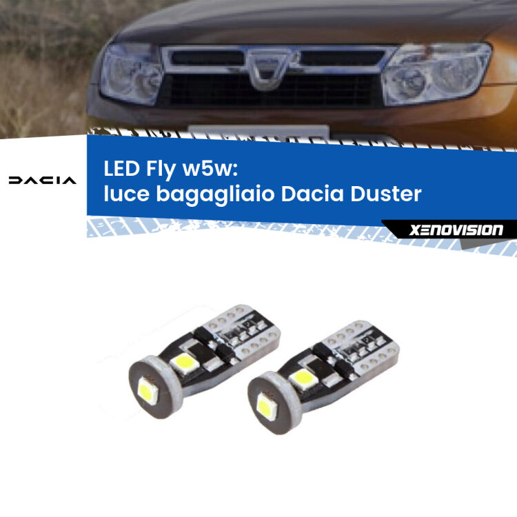 <strong>luce bagagliaio LED per Dacia Duster</strong>  restyling. Coppia lampadine <strong>w5w</strong> Canbus compatte modello Fly Xenovision.