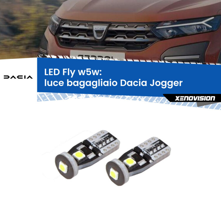 <strong>luce bagagliaio LED per Dacia Jogger</strong>  2021 in poi. Coppia lampadine <strong>w5w</strong> Canbus compatte modello Fly Xenovision.