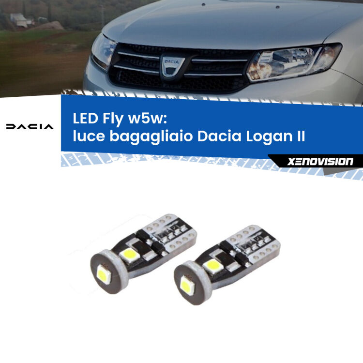 <strong>luce bagagliaio LED per Dacia Logan</strong> II 2012 in poi. Coppia lampadine <strong>w5w</strong> Canbus compatte modello Fly Xenovision.