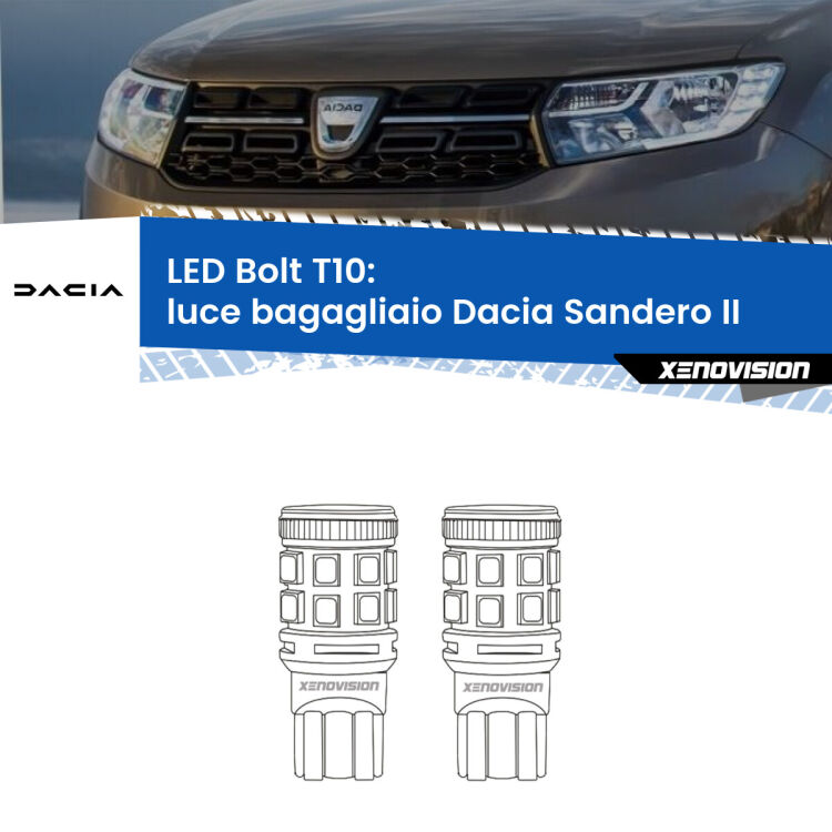 <strong>Luce Bagagliaio LED per Dacia Sandero II</strong>  2012 in poi. Coppia lampade <strong>T10</strong> modello Bolt canbus.