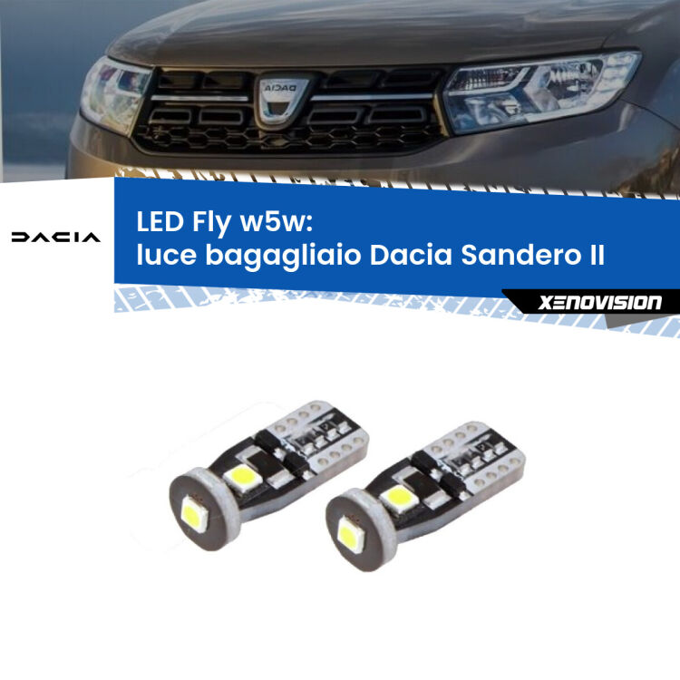 <strong>luce bagagliaio LED per Dacia Sandero II</strong>  2012 in poi. Coppia lampadine <strong>w5w</strong> Canbus compatte modello Fly Xenovision.