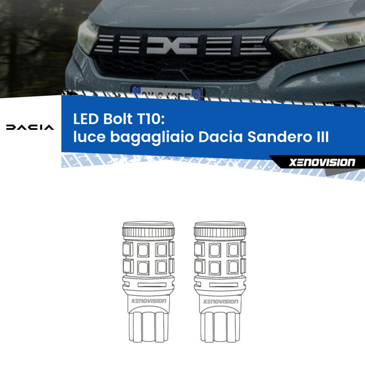 <strong>Luce Bagagliaio LED per Dacia Sandero III</strong>  2020 in poi. Coppia lampade <strong>T10</strong> modello Bolt canbus.