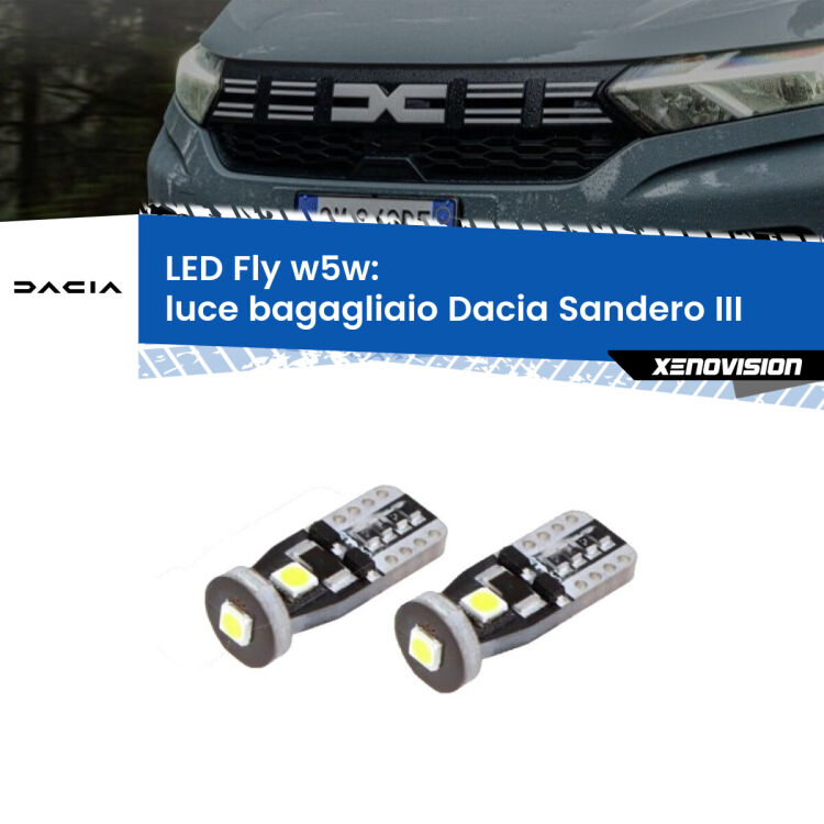 <strong>luce bagagliaio LED per Dacia Sandero III</strong>  2020 in poi. Coppia lampadine <strong>w5w</strong> Canbus compatte modello Fly Xenovision.