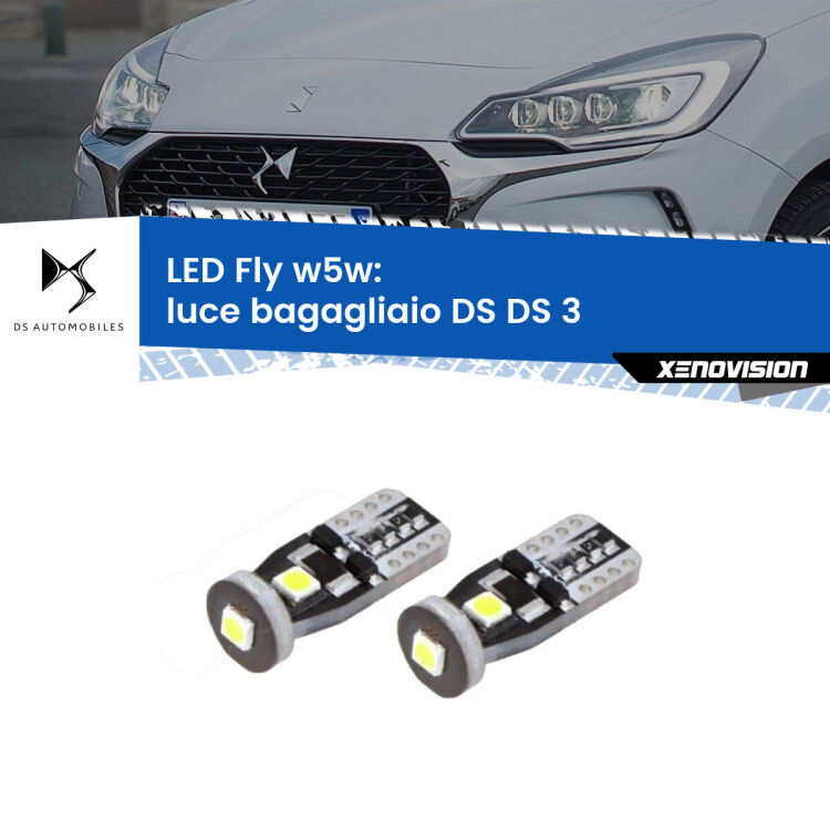 <strong>luce bagagliaio LED per DS DS 3</strong>  2015 in poi. Coppia lampadine <strong>w5w</strong> Canbus compatte modello Fly Xenovision.