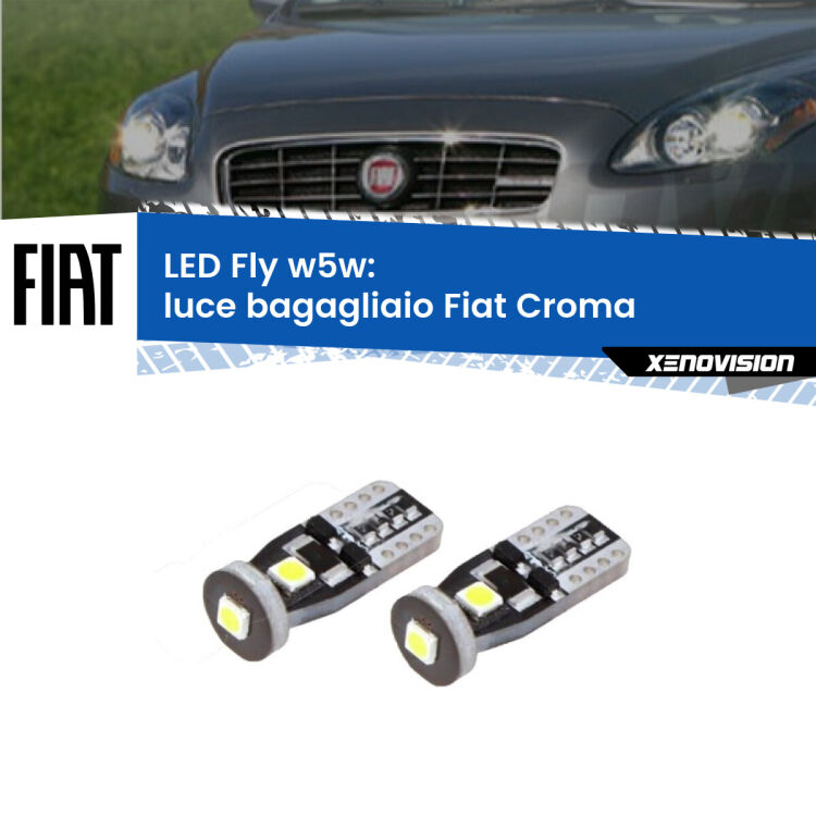 <strong>luce bagagliaio LED per Fiat Croma</strong>  2005 - 2010. Coppia lampadine <strong>w5w</strong> Canbus compatte modello Fly Xenovision.