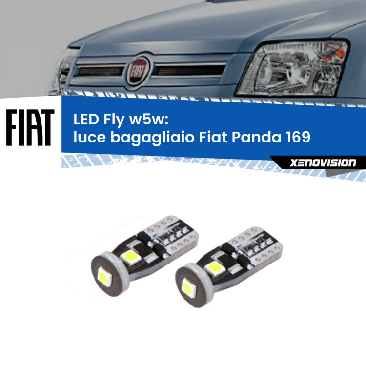 <strong>luce bagagliaio LED per Fiat Panda</strong> 169 2003 - 2012. Coppia lampadine <strong>w5w</strong> Canbus compatte modello Fly Xenovision.