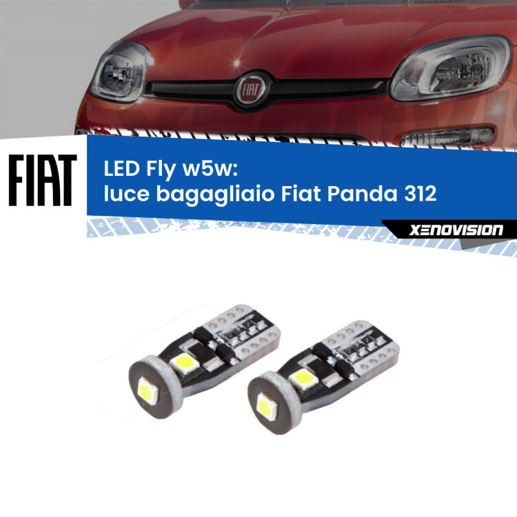 <strong>luce bagagliaio LED per Fiat Panda</strong> 312 2012 in poi. Coppia lampadine <strong>w5w</strong> Canbus compatte modello Fly Xenovision.