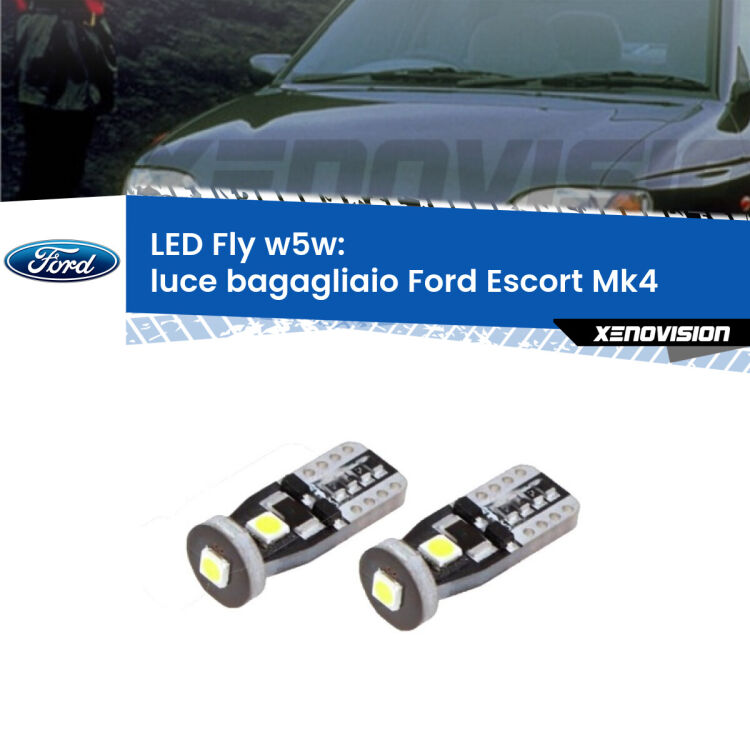 <strong>luce bagagliaio LED per Ford Escort</strong> Mk4 1990 - 2000. Coppia lampadine <strong>w5w</strong> Canbus compatte modello Fly Xenovision.