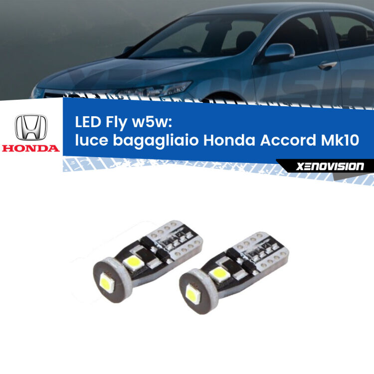 <strong>luce bagagliaio LED per Honda Accord</strong> Mk10 2017 in poi. Coppia lampadine <strong>w5w</strong> Canbus compatte modello Fly Xenovision.