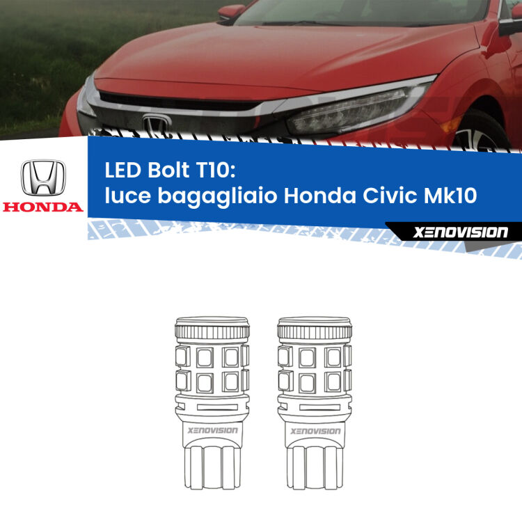 <strong>Luce Bagagliaio LED per Honda Civic</strong> Mk10 2016 - 2020. Coppia lampade <strong>T10</strong> modello Bolt canbus.