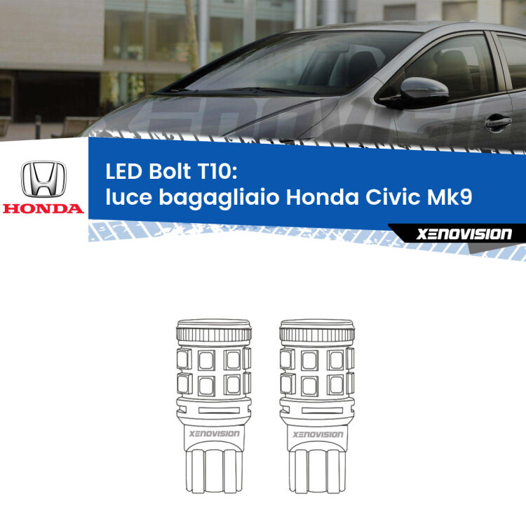 <strong>Luce Bagagliaio LED per Honda Civic</strong> Mk9 2011 - 2015. Coppia lampade <strong>T10</strong> modello Bolt canbus.