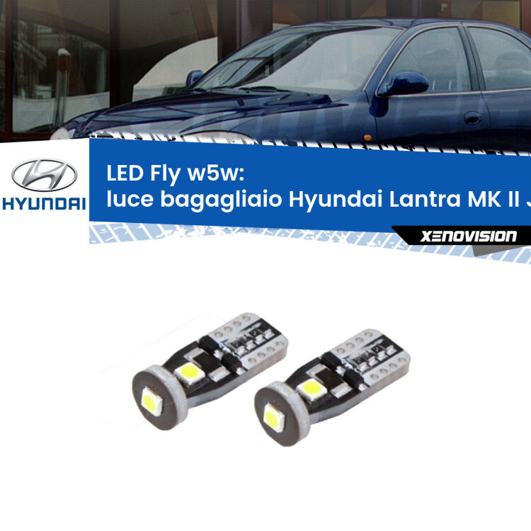 <strong>luce bagagliaio LED per Hyundai Lantra MK II</strong> J-2 prima serie. Coppia lampadine <strong>w5w</strong> Canbus compatte modello Fly Xenovision.