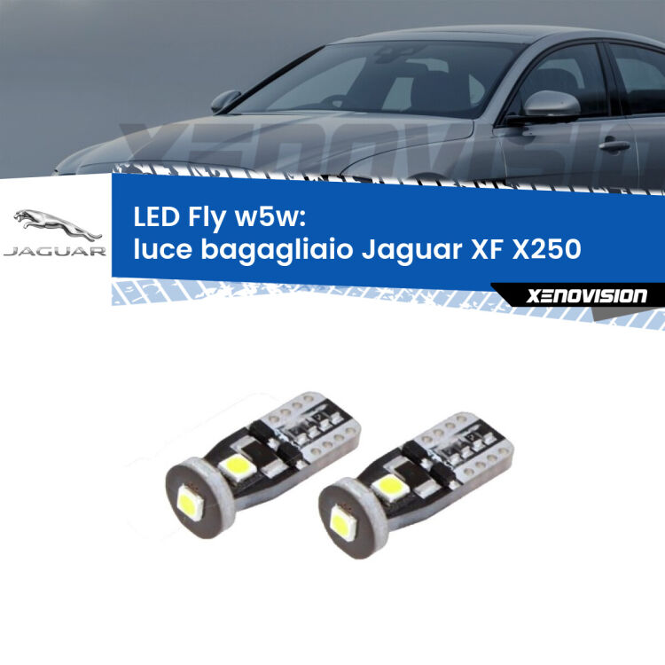 <strong>luce bagagliaio LED per Jaguar XF</strong> X250 2007 - 2015. Coppia lampadine <strong>w5w</strong> Canbus compatte modello Fly Xenovision.