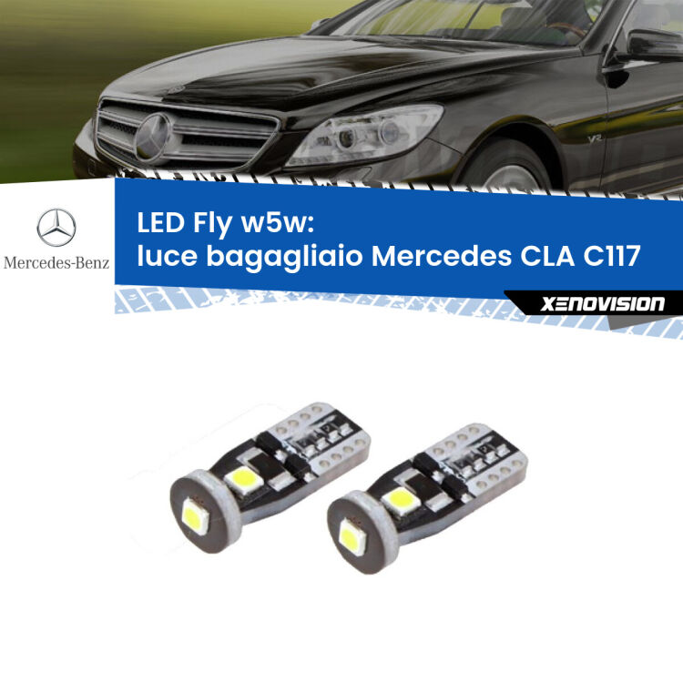 <strong>luce bagagliaio LED per Mercedes CLA</strong> C117 2012 - 2019. Coppia lampadine <strong>w5w</strong> Canbus compatte modello Fly Xenovision.